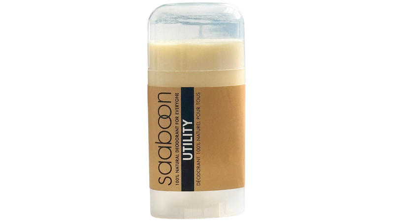 A single deodorant stick from Saaboon Utility, featuring a Kraft and brown label with a black vertical stripe, set against a plain white background.