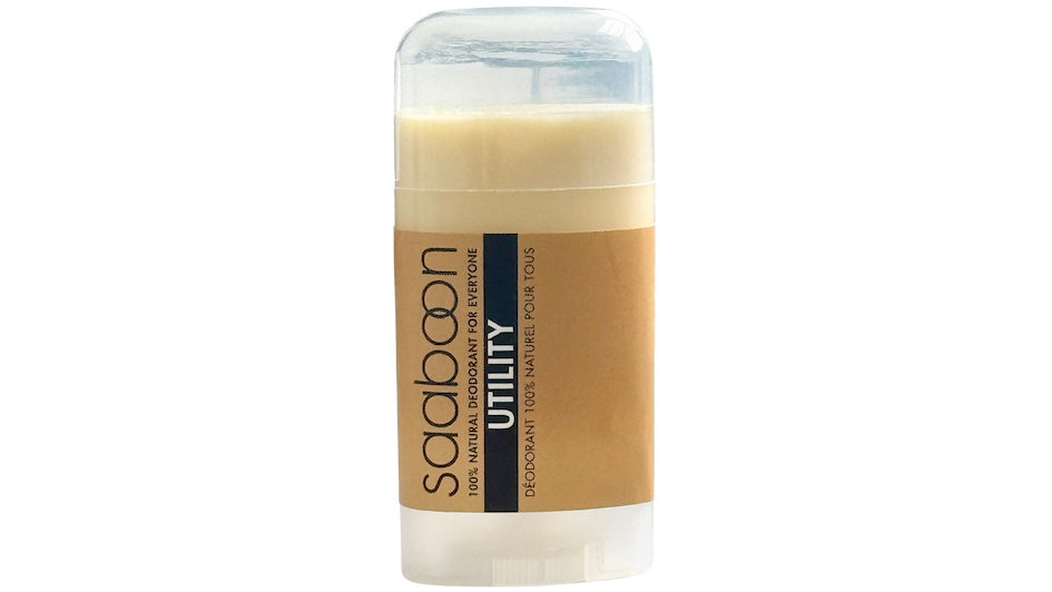 A single deodorant stick from Saaboon Utility, featuring a Kraft and brown label with a black vertical stripe, set against a plain white background.